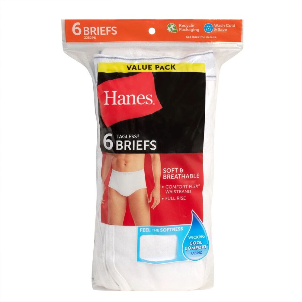 Hanes 6 Pack Men Size 3XL Tagless Briefs Underwear White 100% Cotton Wicking NEW